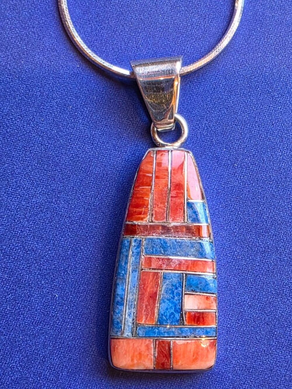 Native American Sterling Silver/Lapis/Spiny Oyster Pendant by F Chee